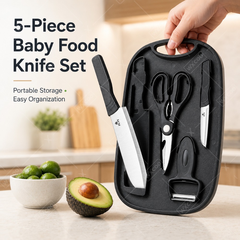 Baby Food Scissors - ชุดมีดเตรียมอาหารเด็ก พร้อมเขียง อุปกรณ์ทำอาหารสแตนเลส ที่ปอกเปลือก กรรไกร ชุดอุปกรณ์พกพาสำหรับทำอาหารเด็ก