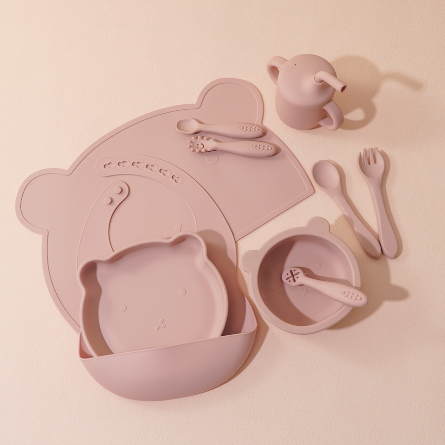 Baby Food Jars With Lids - ชุดให้อาหารเด็กทารกซิลิโคน8ชิ้นปรับได้ผ้ากันเปื้อนลายการ์ตูนหมีชุดจานดูดถ้วยช้อนส้อมบนโต๊ะอาหารสำหรับเด็ก