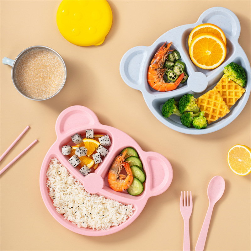 Baby Food Menu - ชุดภาชนะสำหรับเด็ก 3 ชิ้น/ชุด ทำจากฟางข้าวสาลี สำหรับเด็กอนุบาล ชุดอาหารเสริมสำหรับเด็ก