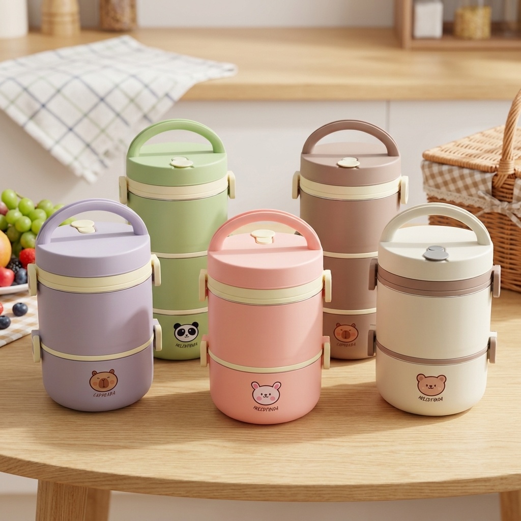 Baby Food Warmer - กล่องอาหารกลางวันสแตนเลส 304 กล่องเบนโตะ ชุดกล่องเก็บอาหารแบบพกพาสำหรับเข้าไมโครเวฟ น่ารักสำหรับเด็ก นักเรียน